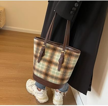 Women's Aesthetic Capacity Casual Bucket Bag Vintage Shoulder Bag Retro Lattice Hobo Handbag Classic Indie Tote Bag