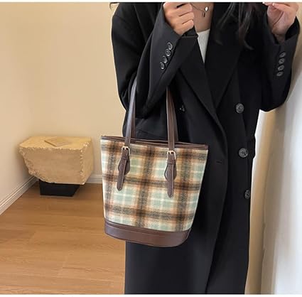 Women's Aesthetic Capacity Casual Bucket Bag Vintage Shoulder Bag Retro Lattice Hobo Handbag Classic Indie Tote Bag