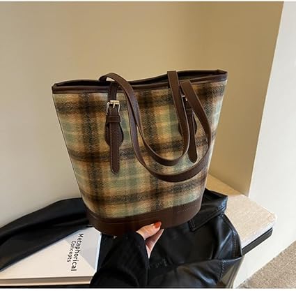 Women's Aesthetic Capacity Casual Bucket Bag Vintage Shoulder Bag Retro Lattice Hobo Handbag Classic Indie Tote Bag