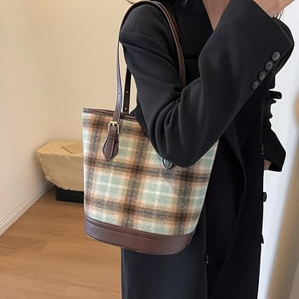 Women's Aesthetic Capacity Casual Bucket Bag Vintage Shoulder Bag Retro Lattice Hobo Handbag Classic Indie Tote Bag