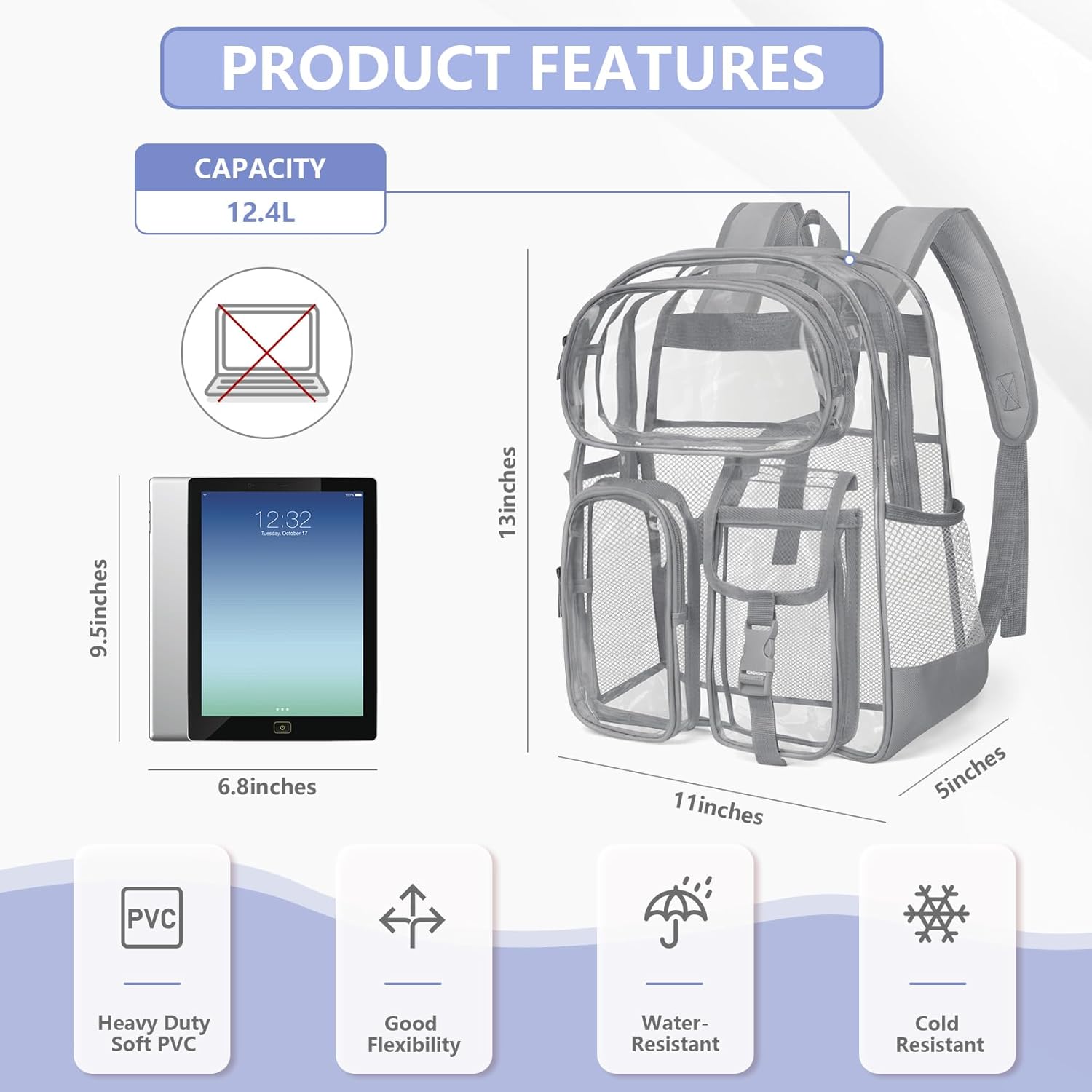 Clear Backpack for School 12 x 12 x 6, Heavy Duty PVC Transparent Bookbag with Reinforced , Clear Bag for Stadium Events Girls Boys