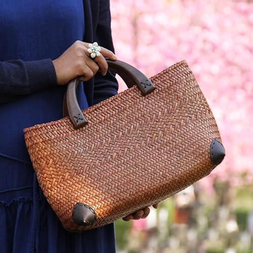 Straw Bag for Women, Summer Beach Handmade Rattan Tote Bag, Round Wooden Handle, Boho Retro Straw Woven Handbag