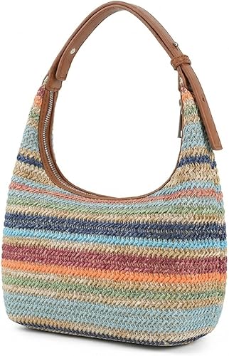 Woven Hobo Bag for Women Summer Straw-Like Shoulder Bag Slouchy Crossbody Purse Beach Tote with Adjustable Leather Strap