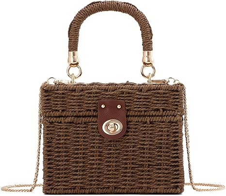 Handwoven Rattan Bag for Women Woven Straw Square Crossbody Bag Vintage Basket Purse Beach Tote Bag