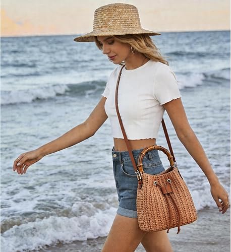 Straw Bucket Bag Summer Woven Crossbody Bags for Women Beach Shoulder Purse Drawstring Handbag Vacation