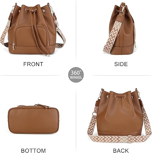 Drawstring Bucket Bag for Women Medium Spring and Summer Purse Hobo Handbag with Crossbody Guitar Strap | Fit 11" Pad