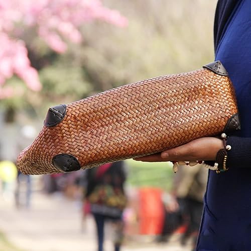 Straw Bag for Women, Summer Beach Handmade Rattan Tote Bag, Round Wooden Handle, Boho Retro Straw Woven Handbag