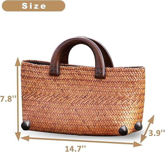 Straw Bag for Women, Summer Beach Handmade Rattan Tote Bag, Round Wooden Handle, Boho Retro Straw Woven Handbag