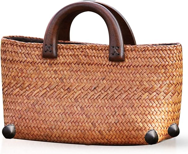 Straw Bag for Women, Summer Beach Handmade Rattan Tote Bag, Round Wooden Handle, Boho Retro Straw Woven Handbag
