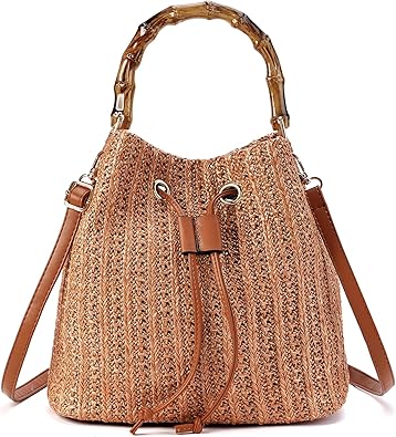 Straw Bucket Bag Summer Woven Crossbody Bags for Women Beach Shoulder Purse Drawstring Handbag Vacation