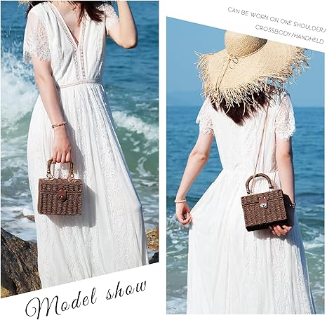 Handwoven Rattan Bag for Women Woven Straw Square Crossbody Bag Vintage Basket Purse Beach Tote Bag