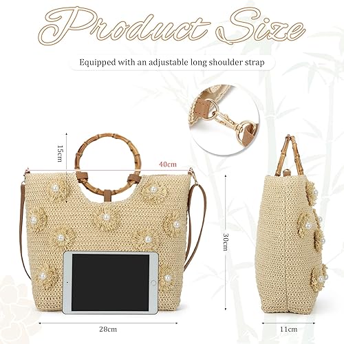 Straw Tote Bag for Women Summer Beach Bags Flower Top Handle Handbag Woven Vacation Crossbody Purse
