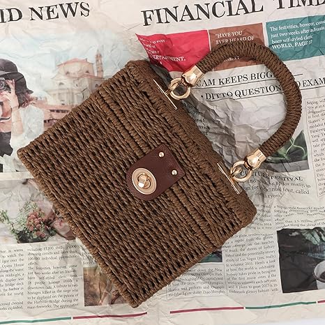 Handwoven Rattan Bag for Women Woven Straw Square Crossbody Bag Vintage Basket Purse Beach Tote Bag