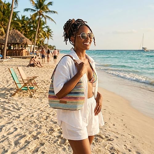 Woven Hobo Bag for Women Summer Straw-Like Shoulder Bag Slouchy Crossbody Purse Beach Tote with Adjustable Leather Strap