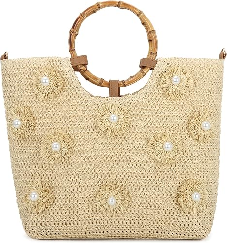 Straw Tote Bag for Women Summer Beach Bags Flower Top Handle Handbag Woven Vacation Crossbody Purse