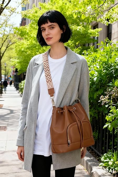 Drawstring Bucket Bag for Women Medium Spring and Summer Purse Hobo Handbag with Crossbody Guitar Strap | Fit 11" Pad