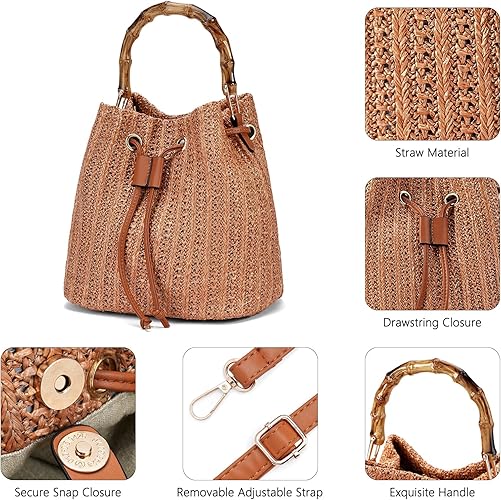 Straw Bucket Bag Summer Woven Crossbody Bags for Women Beach Shoulder Purse Drawstring Handbag Vacation
