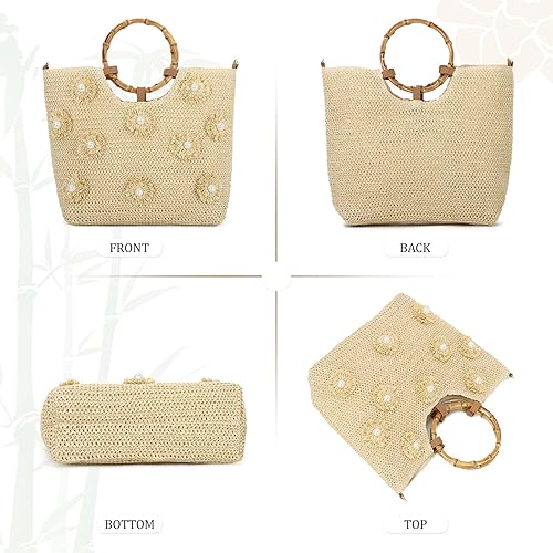 Straw Tote Bag for Women Summer Beach Bags Flower Top Handle Handbag Woven Vacation Crossbody Purse