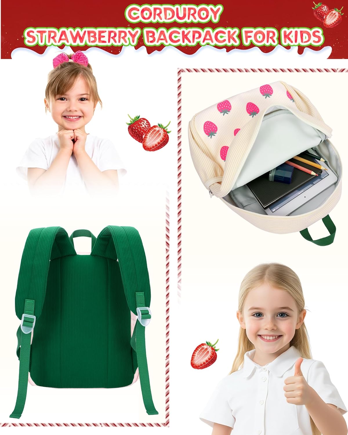 Toddler Backpack for Girls Cute Strawberry Kids School Backpack, Corduroy Small Mini Backpacks Preschool Kindergarten Bookbag for Boys